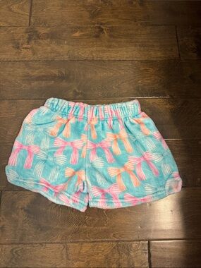 Girls Aqua Plush Pajama Shorts with Pink & Orange Bow Print